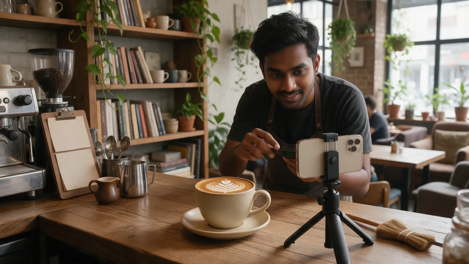 Cafe owner filming a latte on a smartphone tripod for Instagram